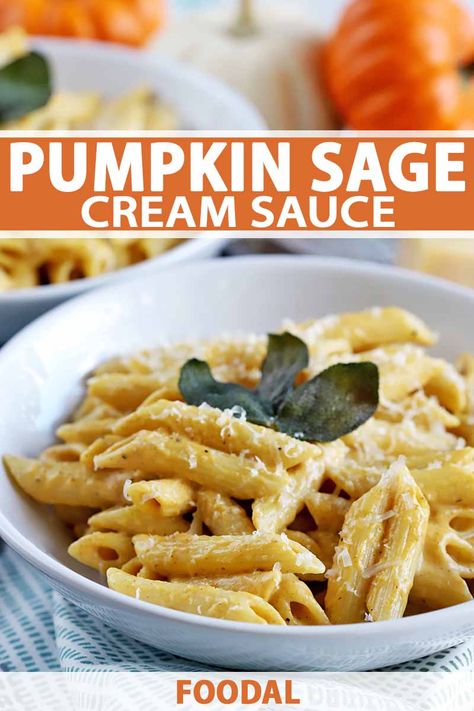 You're going to want to add this deliciously creamy homemade Pasta with Pumpkin Sage Cream Sauce to the weekly menu rotation ASAP. The rich flavors, hearty sauce, and fried sage leaves make this dish sing. On the table in 30 minutes, it’s ideal for busy weeknights. Get the recipe now. #foodal #fallmeals #pumpkinrecipes Pumpkin Cream Sauce For Pasta, Pumpkin And Sage Pasta, Pumpkin Sage Sauce, Pumpkin Sage Pasta, Pumpkin Cream Sauce, Sage Cream Sauce, Pasta With Pumpkin, Fall Ingredients, Weeknight Dinner Pasta