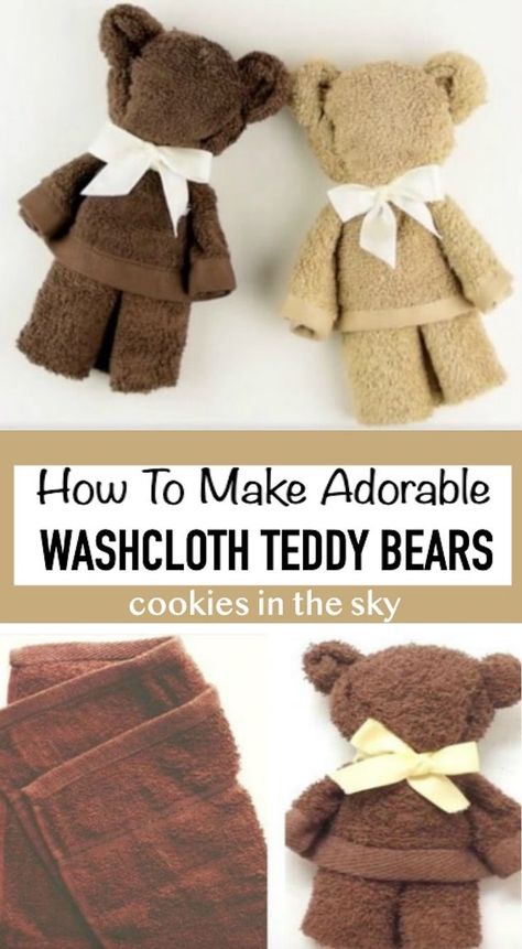 Washcloth Teddy Bear, Washcloth Animals, Washcloth Crafts, Baby Shower Garcon, Diy Teddy Bear, Teddy Bear Cookies, Bear Baby Shower Theme, Baby Teddy Bear, Boy Baby Shower Ideas