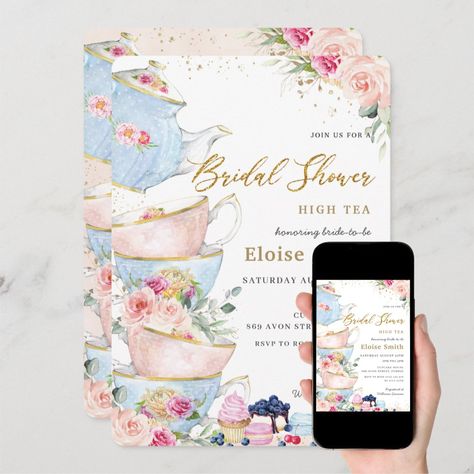 Elegant Blush Floral High Tea Party Bridal Shower Invitation Tea Party Baby Shower Invitations, Tea Party Bridal Shower Invitations, Tea Bridal Shower Invitations, Tea Party Bridal, High Tea Party, Tea Party Invitations, Elegant Bridal Shower, Bridal Tea, Tea Party Bridal Shower