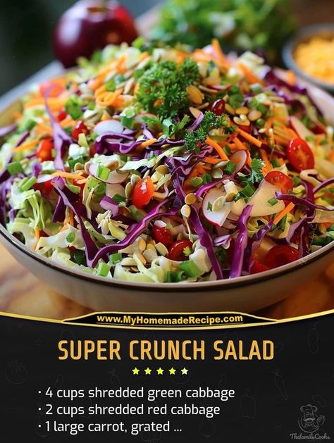 Easy and tasty recipes | Super Crunch Salad | Facebook Super Crunch Salad Recipes, Super Crunch Salad, Crunch Salad, Mediterranean Kitchen, Salad In A Jar, Salad Recipes For Dinner, Cranberry Recipes, Cabbage Salad, Green Cabbage