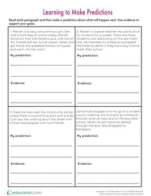 Use the exercises on this sheet to teach and practice the skill of making predictions. You and your class can review these entertaining examples to model predicting and using evidence to support your guesses. Though making predictions is an important reading comprehension skills for multiple grades, this worksheet is especially intended for third grade. #educationdotcom Making Predictions Activities 3rd Grade, Making Predictions Worksheet, Making Predictions Activities, Predicting Activities, Sensory Words, Reading Log Printable, Making Predictions, 3rd Grade Math Worksheets, Reading Anchor Charts