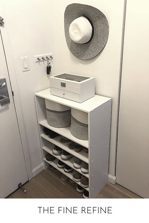 Professional Organizer shares how to create a small apartment mudroom that's perfect for renters! No-drill and easy assembly tutorial. #mudroom #shoestorage #shoesoffhome #organize #organizing #cleansmarter #organizehome Small Apartment Closet, Mini Apartments, Space Saving Desk, Apartment Hacks, Apartment Storage, Home Simple, Cozy Home Decor, Aesthetic Space, Closet Organization Diy