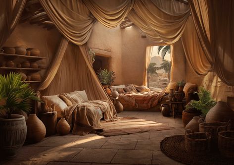 Desert Bedroom, Egyptian Bedroom, Greek Bedroom, Ancient Roman Houses, Middle Eastern Decor, Ancient Egyptian Architecture, Egypt Concept Art, Fantasy Rooms, Queen Room