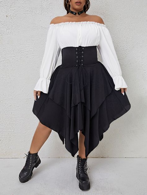 Black and White Elegant Collar Long Sleeve Fabric Colorblock A Line Embellished Non-Stretch  Women Plus Clothing Plus Size Halloween Costumes For Women, Plus Size Witchy Outfits, Queen Outfits Royal, Reign Outfits, Alternative Fashion Plus Size, 2 In 1 Dress, Queen Outfits, Drag Queen Outfits, Plus Size Halloween Costume