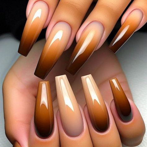 Ombre Fall Nail Colors, Fall Nail Ombre Ideas, Fall Nails And Toe Nails, Brown And Orange Ombre Nails, Short Brown Ombre Nails, Chocolate Ombre Nails, Ombre Fall Nails Acrylic, Brown And Orange Nails Fall, Ombré Fall Nails