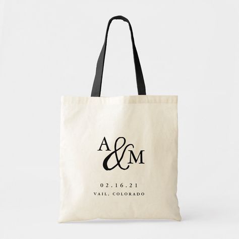 Simple and chic wedding welcome tote bags feature your initials worked into a monogram design, joined by a decorative script ampersand. Personalize with your wedding date and location beneath in timeless serif lettering. Perfect as favors or hotel gift bags. Wedding Giveaways Ideas Souvenirs, Hotel Gift Bags, Wedding Tote Bag, Quote Tote Bag, Quote Tote, Wedding Giveaways, Wedding Tote, Wedding Gift Bags, Wedding Welcome Bags