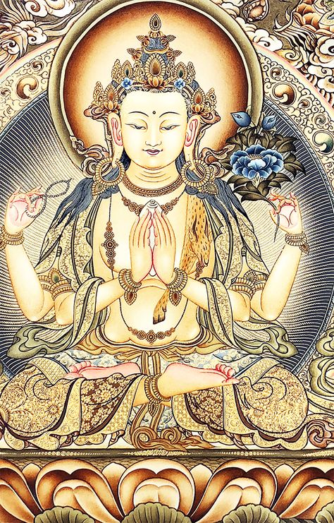 As the Dalai Lama the bodhisattva Avalokiteshvara, also known as Chenrezig, is the protector of Tibet and symbol of universal compassion. The Buddhist mantra associated with Chenrezig is Om Mani Padme Hum. In the picture a beautiful hand painted thanka of Avalokiteshvara created in Nepal. Namaste :) Brahma Vishnu Shiva, Tibetan Thanka, Buddhist Mandala, Namaste Art, Buddha Painting Canvas, Tibet Art, Tirupati Balaji, Rama Krishna, Buddhist Mantra