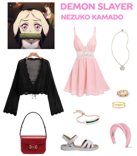 Another creation - Embrace the serene charm and inner strength of Nezuko Kamado from Demon Slayer with this elegant anime-inspired ensemble! A pink dress paired with a cropped black cardigan captures Nezuko's gentle yet determined spirit. This look exudes a perfect balance of grace and power, reflecting the remarkable journey of our demon-turned-human sister. Step into Nezuko's world and showcase your own inner grace with this Nezuko Kamado-inspired outfit. 🌸🖤 Anime Inspired Outfits Demon Slayer, Demon Slayer Outfit Inspired, Nezuko Outfit Ideas, Nezuko Inspired Outfit, Nezuko Clothes, Outfits Inspired By Anime Characters, Demon Slayer Inspired Outfits, Nezuko Outfit, Anime Outfits Inspired