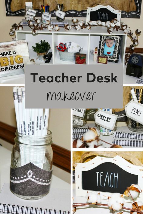 Take your classroom desk from drab to fab with this teacher's desk makeover idea from Polka Dots Please! How To Decorate Teacher Desk, Kindergarten Job Chart, Teacher Desk Makeover, Teacher Desk Decorations, Desk Tops, Teacher's Desk, Teachers Room, High School Lesson Plans, Teaching Crafts