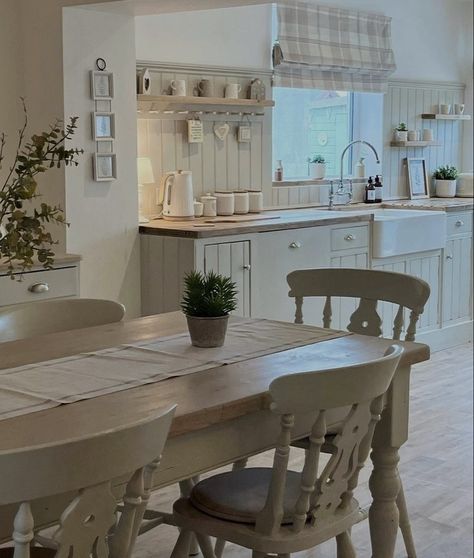 Country Kitchen Diner Ideas, Cosy Country Dining Room, Modern Country Kitchen Diner, Kitchen Diner Snug Ideas, Cottage Table And Chairs, Rustic Kitchen Diner, Homebase Country Living Kitchen, Farmhouse Kitchen Diner, Garage Conversion To Kitchen