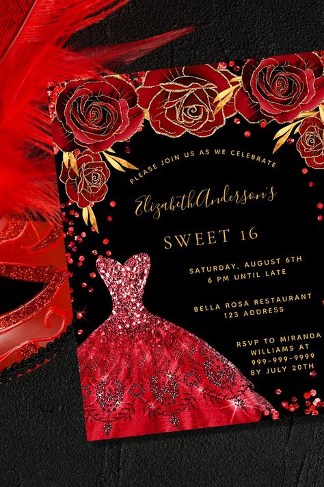 Budget Sweet 16 black red dress invitation Red And Black Sweet 16 Party Ideas, 16 Invitations, Red Black Dress, Invitation Flyer, Black Invitation, Sweet 16 Invitations, 16th Birthday Party, Sweet 16 Parties, Black Party