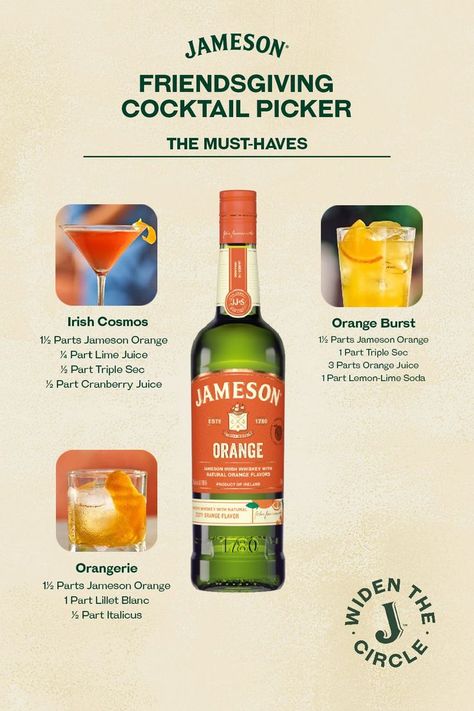 Take the stress out of hosting Friendsgiving by having your cocktails lined up. Grab a bottle of Jameson Orange and pin these three cocktail recipes to your board and pull off a spectacular celebration. Orange Jameson Drinks, Jamison Orange Whiskey Drinks, Orange Jameson Cocktails, Jameson Orange Whiskey Drinks, Jameson Orange Cocktails, Alcohol Therapy, Jameson Orange, Jameson Drinks, Jameson Cocktails