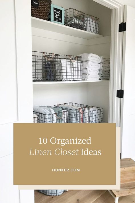 These tidy linen closets, cupboards, and nooks will make your day. Take a look at some of the best we've seen. #hunkerhome #organizedlinenecloset #linencloset #linenclosetorganization Organising Linen Cupboards, Organised Linen Cupboard, Linen Cupboard Organisation Kmart, Linen Closet Organization Clear Bins, Linen Closet Shelves, What To Do When You Don’t Have A Linen Closet, White Armoire, Organizing Linens, Linen Closets