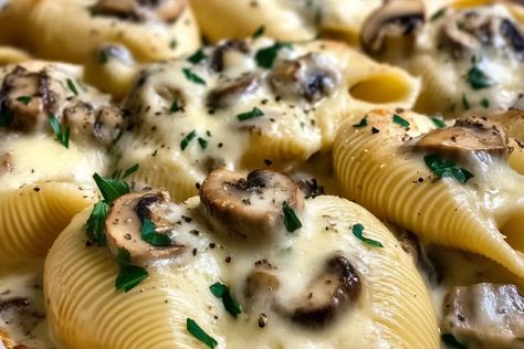 Creamy Garlic Mushroom Stuffed Shells: A Family Favorite - recipestasteful Mushroom Stuffed Shells, Pasta Shells Stuffed, Vegan Stuffed Shells, Mushroom Filling, Shells Stuffed, Mushroom Stuffed, Creamy Garlic Mushrooms, Jumbo Pasta Shells, Pasta Shells