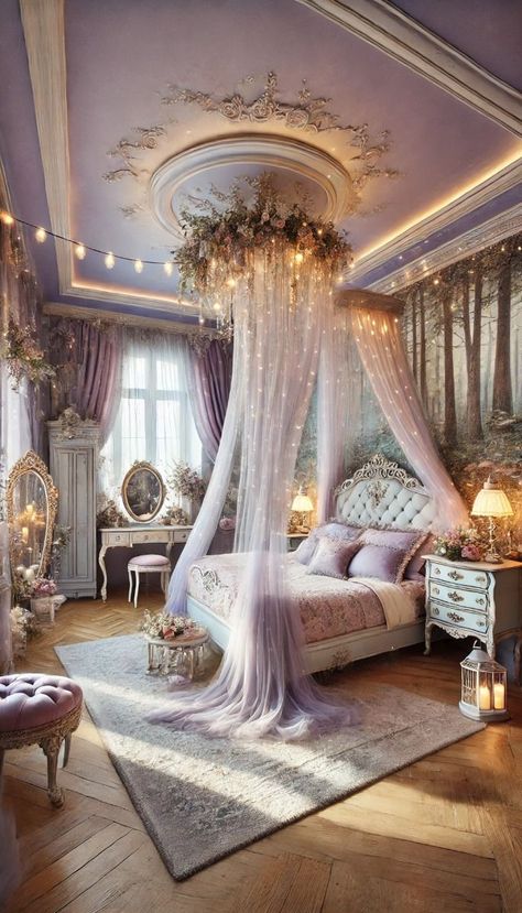 Transform your bedroom into a romantic retreat with these 20 decorating ideas. Simple and elegant! 🌹n---nA romantic bedroom with a whimsical fairy tale theme. The room features a canopy bed with delicate, sheer curtains and bedding in soft pastel colors. The walls are painted in a dreamy lavender shade, with murals of enchanted forests. String lights and lanterns provide a magical glow. The furniture includes an ornate vanity table, a vintage wardrobe, and a cozy reading nook with a plush armchair. There are floral arrangements and fairy figurines placed around the room. A large, ornate mirror and a chandelier with crystal details add to the fairy tale ambiance. The color scheme includes lavender, white, and silver. Modern Princess Aesthetic Bedroom, Ethereal Home Decor, Fairy Theme Room, Dollhouse Inside, Romantic Bedroom Lighting Ideas, Large Ornate Mirror, Dream Bedroom Luxury, Ornate Vanity, Luxury Master Suite