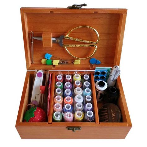 Wooden Sewing Box with Sewing Kit Accessories Sewing Kit Box, Wooden Sewing Box, Vintage Sewing Box, Accessories Sewing, Sewing Basket, Sewing Needles, Wooden Storage Boxes, Sewing Baskets, J Cole