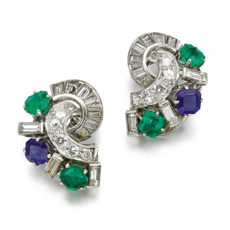 A pair of emerald, sapphire and diamond ear clips, 1950s | The Family Collection of the late Countess Mountbatten of Burma | Sotheby's Vintage Wedding Earrings, Gold Art Deco Ring, Wedding Earrings Vintage, Ear Clips, Gold Art Deco, Argentium Silver, Emerald Earrings, Emerald Stone, Art Deco Ring