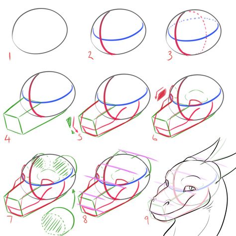 How To Draw Dragons Head, Dragon Head Drawing Tutorials, Dragon Head Anatomy, Dragon Eye Reference, Dragon Head Tutorial, Dragon Poses Drawing, Dragon Snout Reference, Dragon Facial Expressions, Dragon Expressions Faces