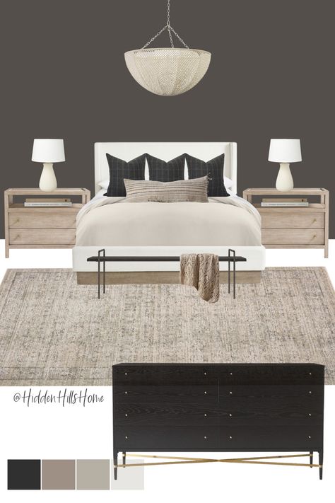 Moody bedroom decor mood board with black accent wall Gray And Black Master Bedrooms Decor, Organic Modern Glam Bedroom, Earthy Modern Bedroom Aesthetic, Light Gray Upholstered Bed Decor Ideas, Main Bedroom Bedding Ideas, Transitional Master Bedrooms Decor, Grey Upholstered Bed Bedroom, Upholstered Beds Decor, Gray Upholstered Bed Decor Ideas