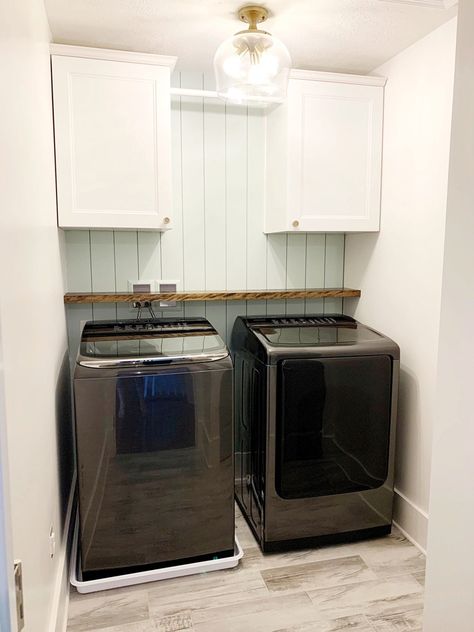 DIY Shelf Above Washer and Dryer | Abby Lawson Laundry Room Shelf Over Washer And Dryer Top Loader, Laundry Room Floating Shelf, Shelf Above Washer And Dryer, Washer Dryer Shelf, Laundry Room Addition, Diy Laundry Room Shelves, Abby Lawson, Laundry Room Storage Shelves, Laundry Shelves