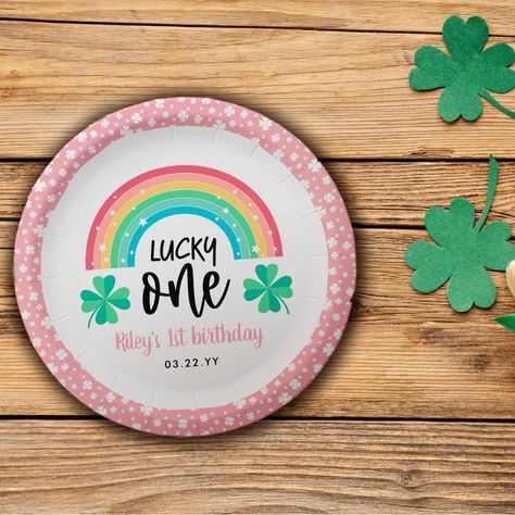 Lucky One Birthday Party, Lucky One First Birthday, Lucky One Birthday, Pink Purple Party, Birthday Paper Plates, Pink Clover, Pretty Rainbow, Birthday Party Design, Birthday Plate