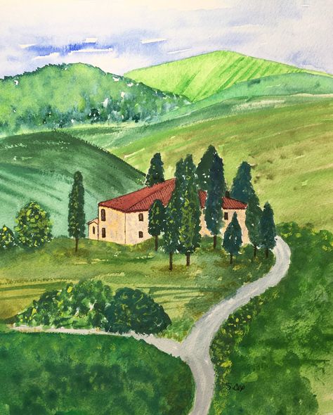 Watercolor Italy Landscapes, Italy Painting Easy, Painting A Mountain, Painting Of Wine, Italy Winery, Vineyard Painting, Hills Painting, Sunrise Drawing, Tuscan Art