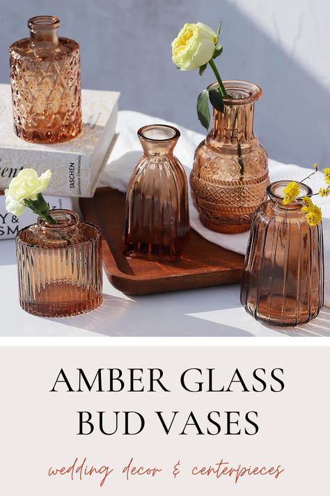 Amber Glass Wedding, Amber Bud Vases, Home Table Decorations, Bud Vases Wedding, Glass Bud Vases, Decorative Vases, Baby Shower Inspiration, Glass Centerpieces, Wedding Vases