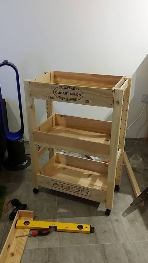 The purpose of this hack is to build a eco friendly wine crate trolley for lightweight storage use. Meet Cratelley (yup, that's its new name) Wine Crate Storage, Diy Garden Bar, Wine Crates, Hack Ikea, Side Units, Ikea Ivar, Ikea Hack Ideas, Wine Crate, Ikea Hackers