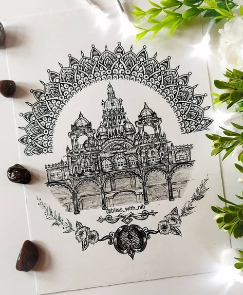 Mysore Palace. Variety in Ink Mandala Drawings. Click the image, for more art from Sanjana V Apnar. Micron Pen Art, Temple Drawing, Mandala Drawings, Mysore Palace, Pen Art Work, Easy Mandala Drawing, Boho Art Drawings, Mandala Art Therapy, Pen Art Drawings