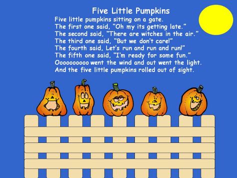 Five Little Pumpkins sitting on a gate.  Poem for kids. Five Little Pumpkins Song, Pumpkin Lessons, 5 Little Pumpkins, Pumpkin Song, Pumpkin Unit, Five Little Pumpkins, Holiday Lessons, Finger Plays, Classroom Freebies