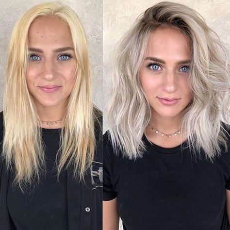 Cool Over-the-Shoulder Haircut in Icy Blond Cool Ash Blonde Balayage, Balayage Shades, Cool Haircuts For Women, Cool Ash Blonde, Ash Blonde Hair Colour, Ash Blonde Balayage, Blond Balayage, Easy Hair Cuts, Dark Roots Blonde Hair