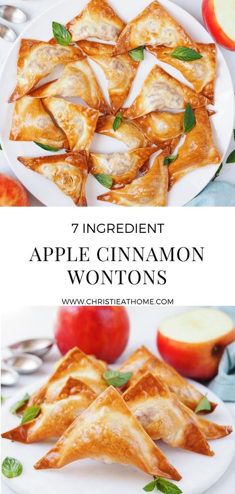 Apple Cinnamon Wontons. Crispy baked wontons filled with a cinnamon sugar and nutmeg. It's a delicious dessert or treat and fun to make! These are also vegan. Nutmeg Recipes Desserts, Apple Pie Wontons Baked, Banana Wonton Dessert, Wonton Dessert Recipes Baked, Wonton Paper Recipes, Wonton Wrapper Recipes Vegan, Sweet Wonton Recipes, Won Ton Recipes Wonton Wrappers, Healthy Wonton Recipes