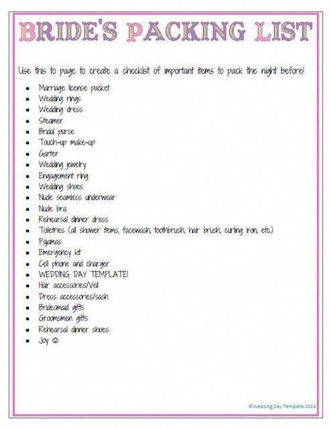 This adorable 1 page download lists everything a bride should remember to pack the night before her wedding.  Simply print it out, check off each item as you pack, and enjoy a stress free wedding :) Bride Packing List, Before Wedding Checklist, Wedding Packing List, Wedding Packing, Night Before Wedding, Wedding Day Checklist, Bridal Purse, Christina Perri, Wedding Speech