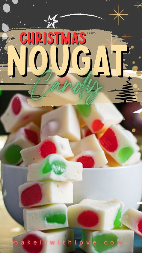 Homemade Christmas nougat candy cut and stacked in a white bowl with festive colors in the background to match the red and green candies in the nougat. Christmas Nougat, Gumdrop Nougat, Nougat Candy, Nougat Recipe, Christmas Candy Easy, Easy Christmas Candy Recipes, Easy Holiday Treats, Christmas Fudge, Candy Recipes Homemade