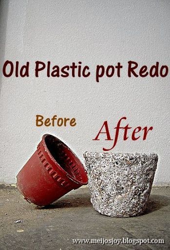 Meijo's Joy: Old Plastic Pot to Sea Stone Covered Pot!!! Tutorial Concrete Shoes, Aging Terra Cotta Pots, Upcycle Plastic, Diy Concrete Planters, Plant Pot Diy, Aol Mail, Concrete Diy Projects, Plastic Plant Pots, Diy Flower Pots