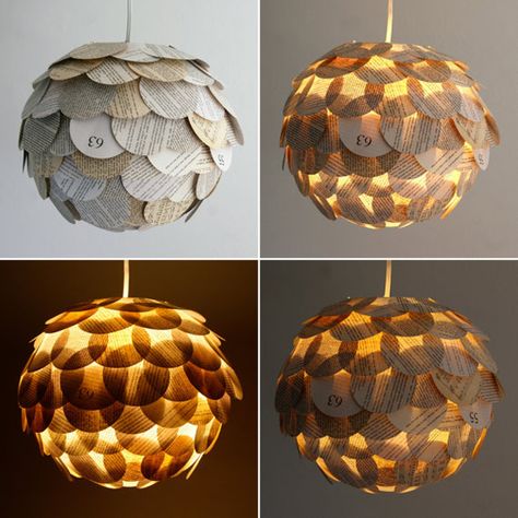 Lamp made from recycled books! Just did this with feathers and I have an extra round lamp. Doing it. Diy Luminaire, Hanging Paper Lanterns, Artichoke Lamp, Round Paper Lanterns, Book Pendant, Recycled Books, Diy Lampe, Recycled Book, Diy Lamp Shade