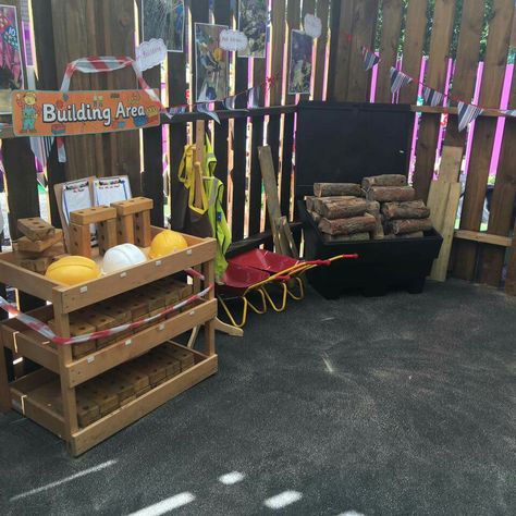 Curiosity Garden Ideas, Eyfs Construction Area Outdoor Play, Eyfs Outside Area, Outdoor Continuous Provision Eyfs, Daycare Backyard, Eyfs Outdoor Area On A Budget, Kids Garden Play Area, Eyfs Outdoor, Eyfs Outdoor Area