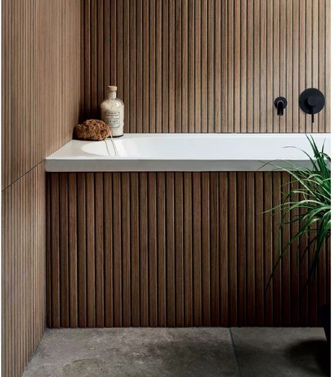 Toilet Wood Wall, Wood Wall Tiles Bathroom, Wood Slat Tile, Wood Effect Tiles Bathroom, 1970 Bathroom, Brown Kitchen Tiles, Teak Wood Bathroom, Fluted Tile, Teak Tile