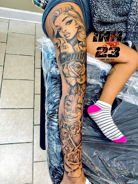 Tattoo Inspo Women Leg, Leg Tattoo Full Sleeve, Baddie Leg Sleeve Tattoo, Fill In Sleeve Tattoo Spaces Women, Full Sleeve Tattoos Black Women, Woman’s Leg Sleeve, Leg Tattoo Sleeve Ideas, Leg Tats Women, Dope Leg Tattoos For Women