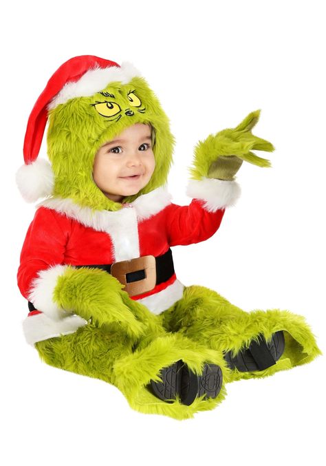 PRICES MAY VARY. Jumpsuit has hook & loop fastener at center front behind strip of white faux fur Shirt portion & hat are red velour w/ white faux fur trim Hood, legs, mitts, & shoe covers are green faux fur Every Who Down in Whoville Liked Christmas a Lot... ...but the Grinch, who lived just north of those festive little guys, definitely did NOT. At least, not until he got into the spirit of the season by putting on a festive costume and opening a few presents! This little Grinch has a temper f Grinch Mask, Grinch Costumes, Infant Costume, Grinch Santa, Baby Grinch, Santa Claus Costume, Green Fur, Grinch Stole Christmas, Costume Themes