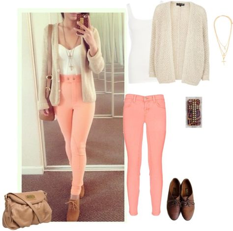 "lookbook" by prec-sipkema ❤ liked on Polyvore Peach Clothes Cute Outfits, Salmon Pants Outfit, Pink Peach Jeans, Casual Peach T-shirt For Spring, Pants Winter Outfit, Salmon Pants, Peach Outfit, High Wasted Pants, Peach Pants