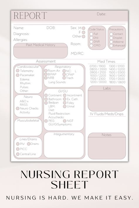 Our med surg nursing report sheet will set you up for success when giving and receiving report. Including a full head-to-toe assessment, code status, precautions, labs, IVF, med schedule, PMH and more, this nursing template is the ideal sbar report sheet for your nursing shift or for nursing clinical as apart of your nursing student notes. Available in 7 colors, check us out! Handoff Report Nursing, Nursing Flow Sheet, Med Surg Nurse Report Sheet, Shift Report Template Nurse, Clinical Paperwork Nursing, Report Sheets For Nurses Med Surg, Cardiac Nurse Report Sheet, Nursing Assessment Template, Sbar Report Sheet