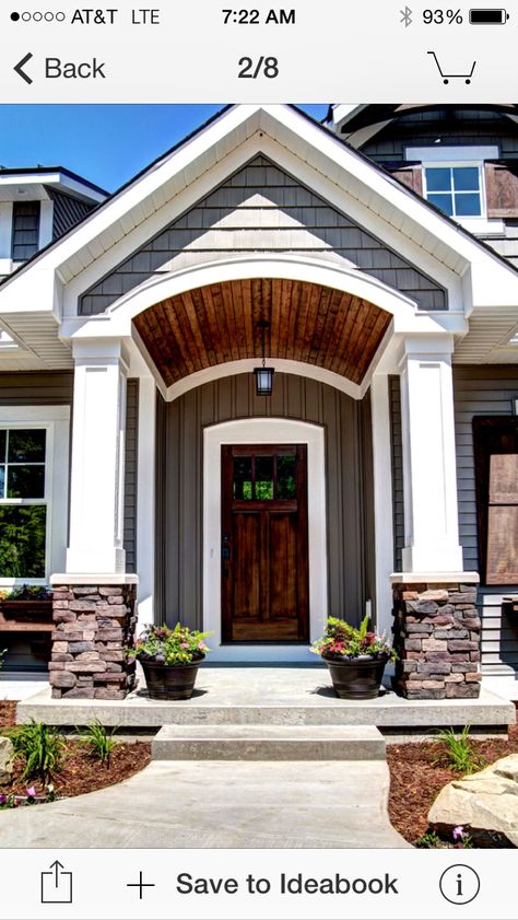 Entry- curved trim above front door Black Gutters, Gray Siding, Front Entrance Decor, Framed Windows, Deck Remodel, Wood Porch, Porch Columns, Craftsman Exterior, Traditional Exterior