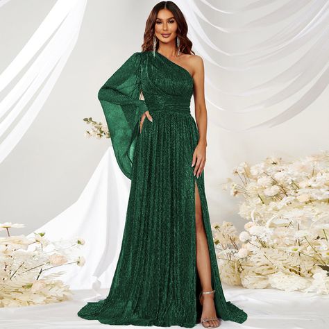 Style: ElegantFit: SlimFabric: PolyesterPattern: SolidElement: Asymmetric,Lace/Tulle/Fishnet,Sequin,SplitNeckline: One ShoulderSleeve Type: Trumpet SleeveSleeve Length: Long SleeveProduct Type: Split Dress,Maxi Dress,A Line DressOccasion: FormalDress/Skirt Length: MaxiMain Composition: PolyesterSeason: Spring/Fall Green Dress Formal, Dresses Sparkle, Evening Dresses Cocktail, Split Maxi Dress, Split Dress, Wedding Guest Dresses, Dinner Dress, Dress Formal, Vestido Casual