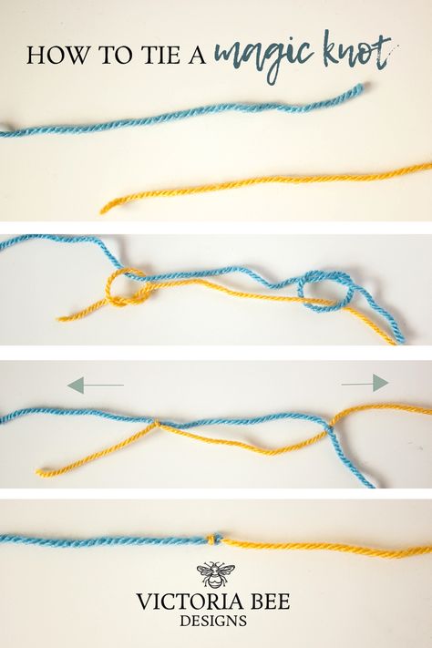 Four photos showing the steps of making a magic knot using one strand of blue yarn and one strand of yellow yarn. Magic Knot Tutorial, How To Tie Crochet Ends, Tying Yarn Ends Together, How To Make A Magic Yarn Ball, Seamless Yarn Join, How To Join Yarn Seamlessly, How To Join Yarn In Crochet, One Yarn Ball Projects, Combine Yarn Ends