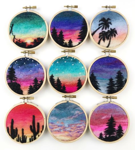 Needle Felt 2d Pictures, Needle Felt Landscape Tutorial, Needle Felt And Embroidery, 2d Felting Ideas, Dani Ives Felting, Felted Paintings Ideas, Needle Felting Sunset, Needle Felting Portraits, Needle Felt Embroidery Hoop