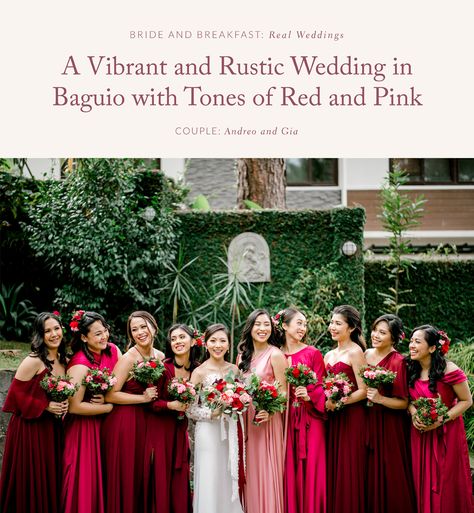 Red And Pink Mismatched Bridesmaids, Pink Red Bridesmaid Dresses, Red Floral Bridesmaid Dresses, Shades Of Red Bridesmaid Dresses, Pink And Red Bridesmaid Dresses, Red And Pink Bridesmaid Dresses, Dark Pink Bridesmaid Dresses, Pink Bridesmaid Gowns, Bridesmaids Ideas