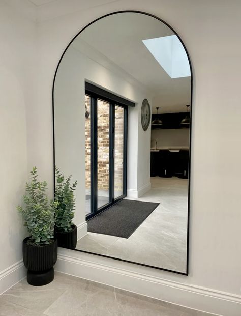 Black Arch Mirror Bedroom, Bedroom Wall Mirror Full Length, Arc Mirror Living Rooms, Large Mirror In Living Room Wall, Big Mirror On Wall, Mirror On Stairway Wall, Large Mirror Entryway, Mirror For Living Room Wall, Mirror In Living Room Ideas