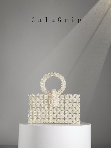 Fashionable Pearl Decor Mobile Phone Bag Women's Evening Party Clutch Handbag One Shoulder Crossbody Bag, Dating Gift Beige Glamorous,Minimalist   PMMA Plain,All Over Print Square Bag   Women Bags, size features are:Bust: ,Length: ,Sleeve Length: Pink And White Bag, Bag With Pearls, Pearls Bag, Beaded Wallet, Pearl Bags, Unusual Handbags, Pearl Clutch Bag, Pearl Handbag, Beads Bag