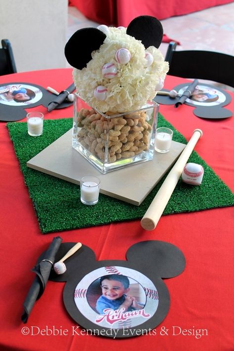 Mickey Baseball Birthday Party Debbie Kennedy Events & Design www.debbiekennedyevents.com Scottsdale, AZ Mickey Mouse Baseball Birthday, Mickey Mouse Baseball Party, Mickey Baseball Party, Baseball First Birthday Party, Papas Birthday, Mickey Mouse Clubhouse Party Ideas, Clubhouse Party Ideas, Rookie Of The Year Birthday, Mickey Centerpiece